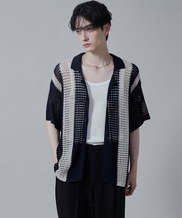 WEGO マルチストライプニットシャツ（S） ネイビー