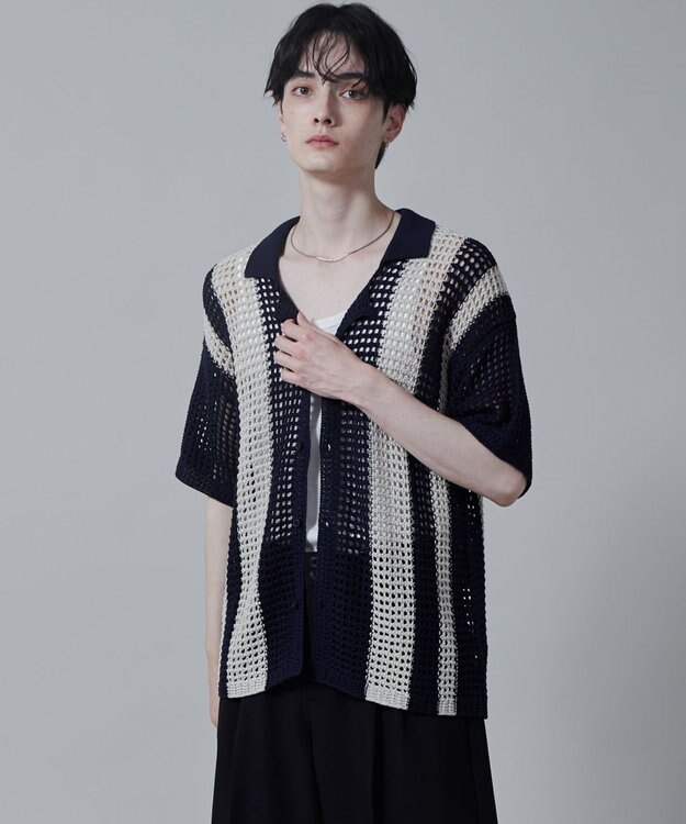 WEGO マルチストライプニットシャツ（S） ネイビー