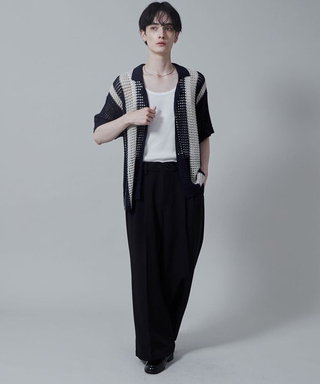 WEGO マルチストライプニットシャツ（S） ネイビー