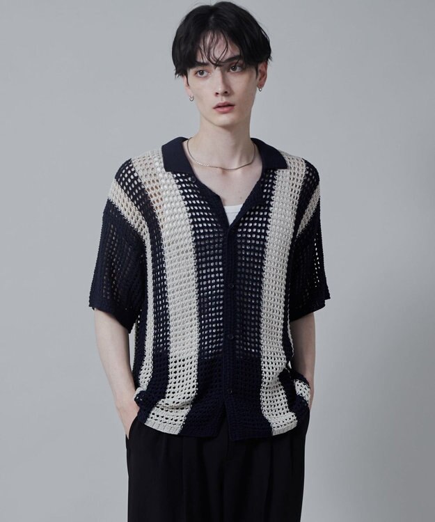 WEGO マルチストライプニットシャツ（S） ネイビー