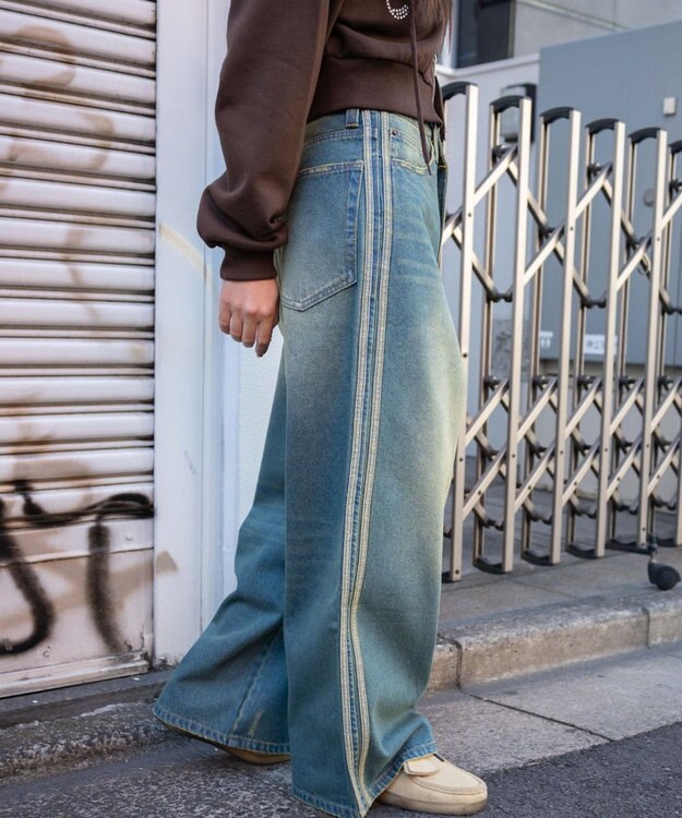 WEGO サイドラインワイドデニムパンツ デニム中濃加工色