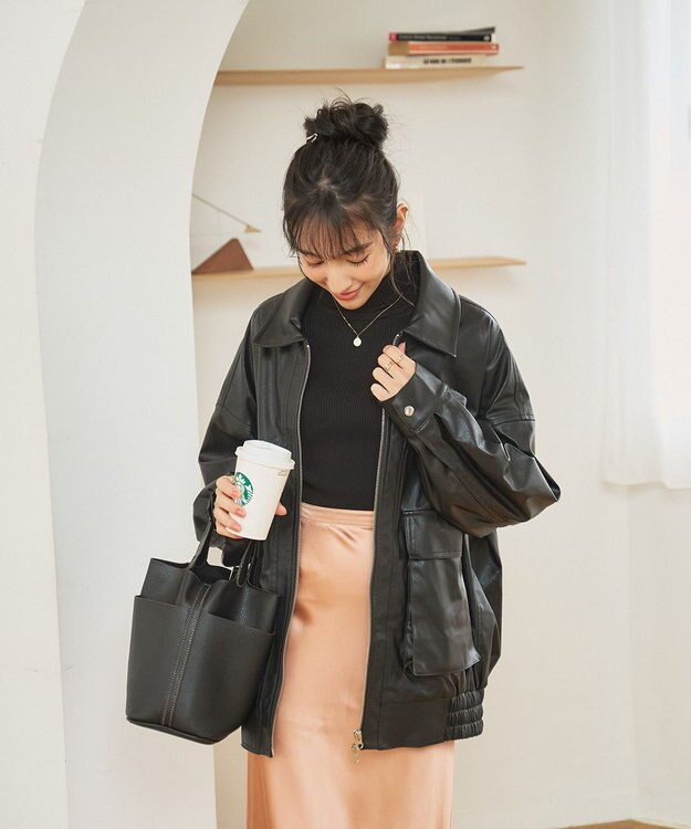 WEGO ヴィンテージライクFレザーブルゾン ブラック