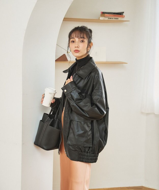 WEGO ヴィンテージライクFレザーブルゾン ブラック