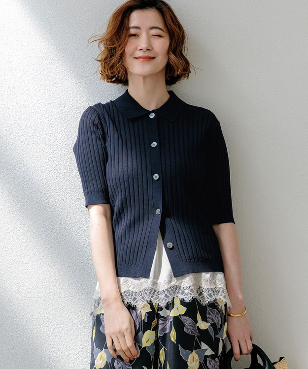 23区 【先行予約】ワイドリブ 五分袖 ポロニット ネイビー系