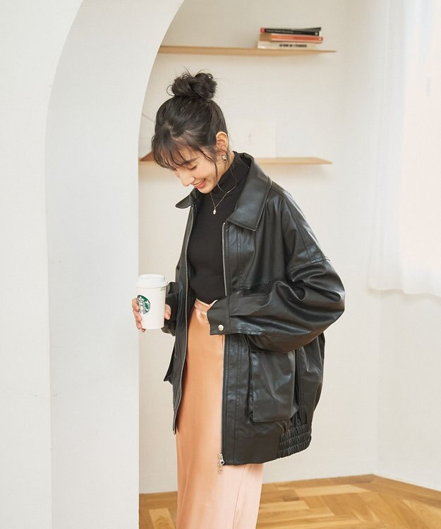 WEGO ヴィンテージライクFレザーブルゾン ブラック