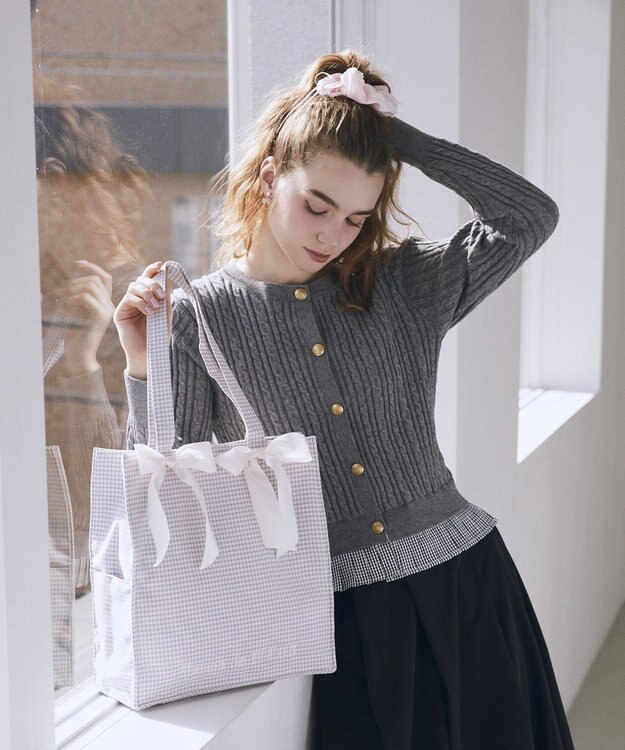 Maison de FLEUR ギンガムリボンスクエアトートバッグ Gray