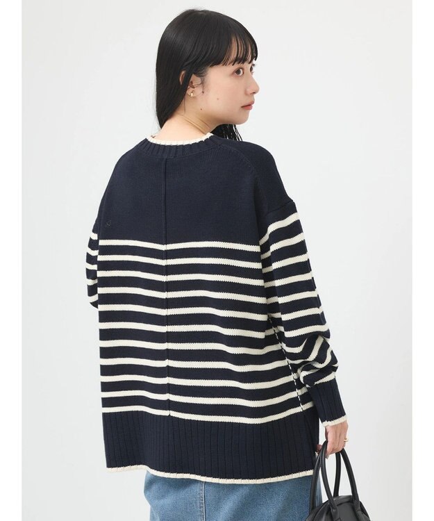 earth music&ecology ウォッシャブル脇スリットクルーネックプルオーバー Border Navy