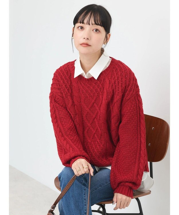 earth music&ecology ウォッシャブルケーブルプルオーバー Red