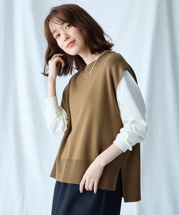 ANY 【洗濯機可】スリットニットベスト キャメル