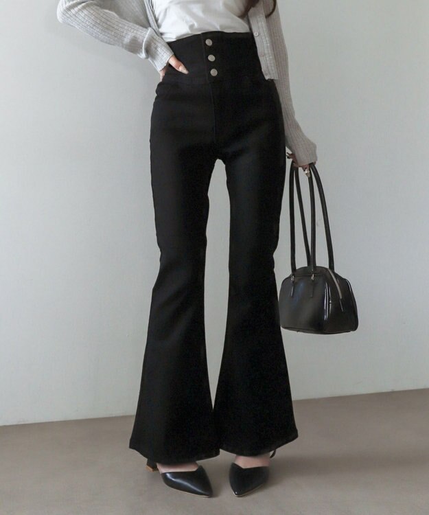 WEGO 【ストレッチ/美脚/脚長シルエット/XSSMサイズ展開】ハイウエストストレッチフレアデニムパンツ デニムブラック
