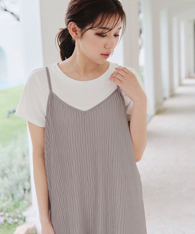 Tiaclasse 【2点セット・洗える】変形プリーツキャミワンピース＆Tシャツ グレージュ