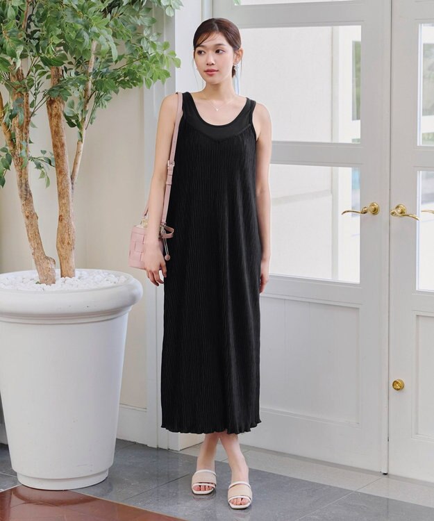 Tiaclasse 【2点セット・洗える】変形プリーツキャミワンピース＆Tシャツ ブラック