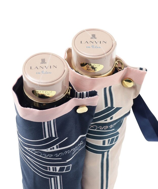 MOONBAT 【雨傘】ランバン オン ブルー(LANVIN en Bleu) リボンストライプ 折りたたみ傘  楽々開閉 クイックアーチ ベージュ