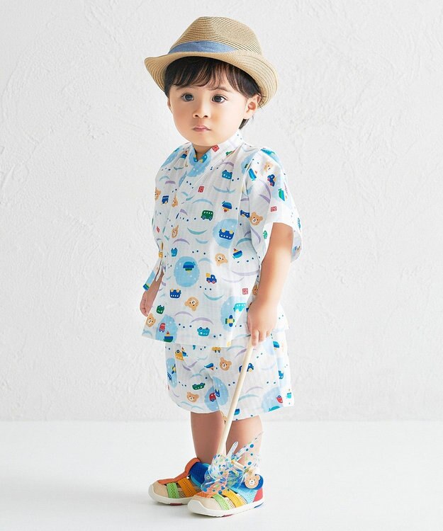 MIKI HOUSE HOT BISCUITS 【80-120cm】総柄 甚平スーツ ブルー