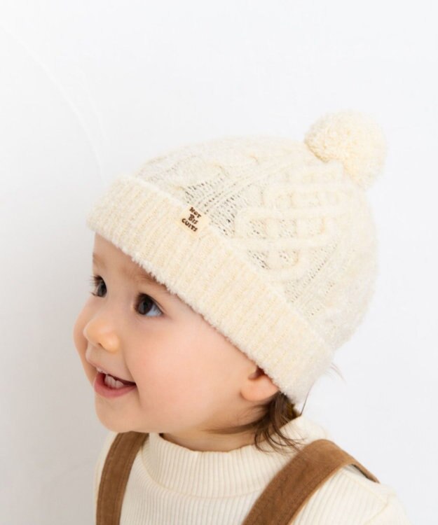 MIKI HOUSE HOT BISCUITS 【42-52cm】 ぼん天付きケーブル編みのニット帽子 白