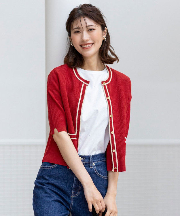 ANY SIS 【UVカット・洗える】リンクスバイカラー カーディガン レッド×ライトベージュ