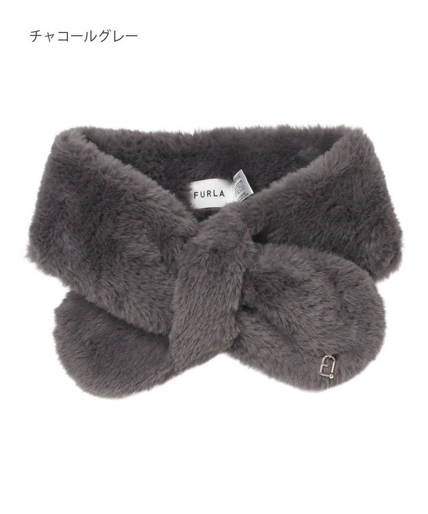 MOONBAT FURLA（フルラ）プチリボンマフラー  アーチロゴ フェイクファー チャコールグレー