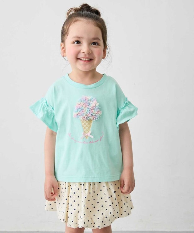 ANY KIDS 【綿100%】ひんやり フリル袖 もしゃもしゃTシャツ ミント×アイス