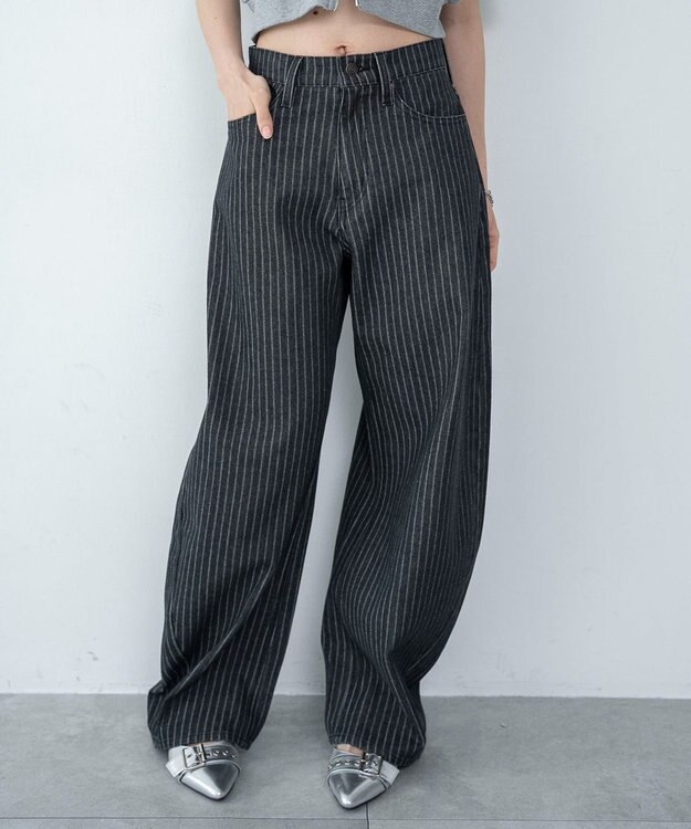WEGO ワイドカーブデニムパンツ ブラックストライプ