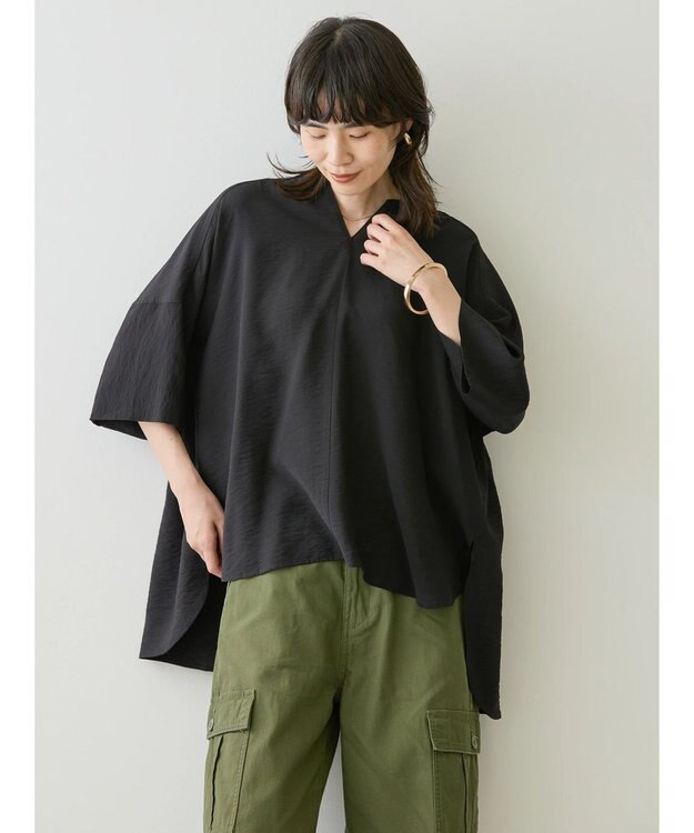 AMERICAN HOLIC 接触冷感スキッパーバックギャザーブラウス Black