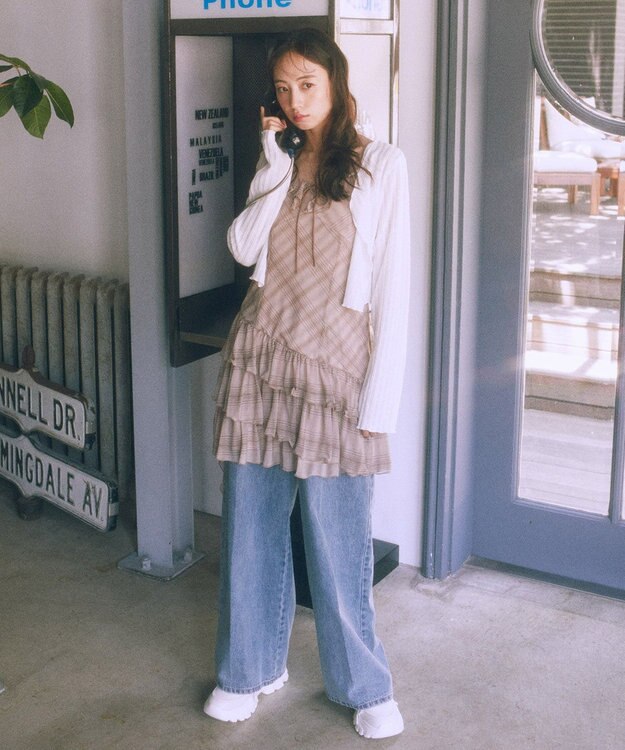 earth music&ecology フロントリボンチェックミニキャミワンピース Check Brown