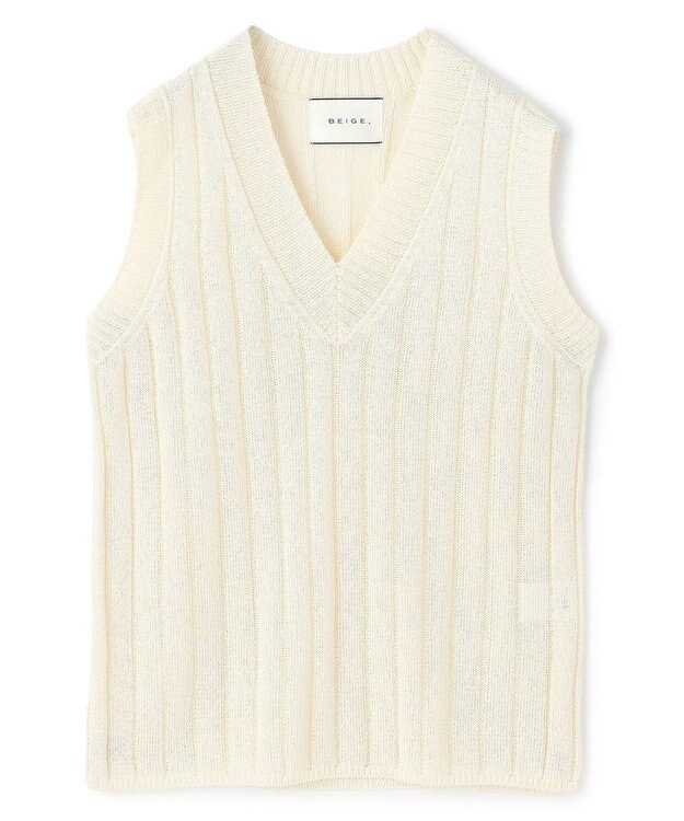 BEIGE， OPTICAL /  ペーパーヤーン Vネックリブニット Ecru