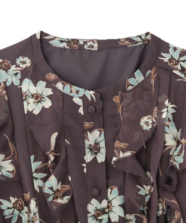 YECCA VECCA フラワー柄フリルプリーツワンピース Brown