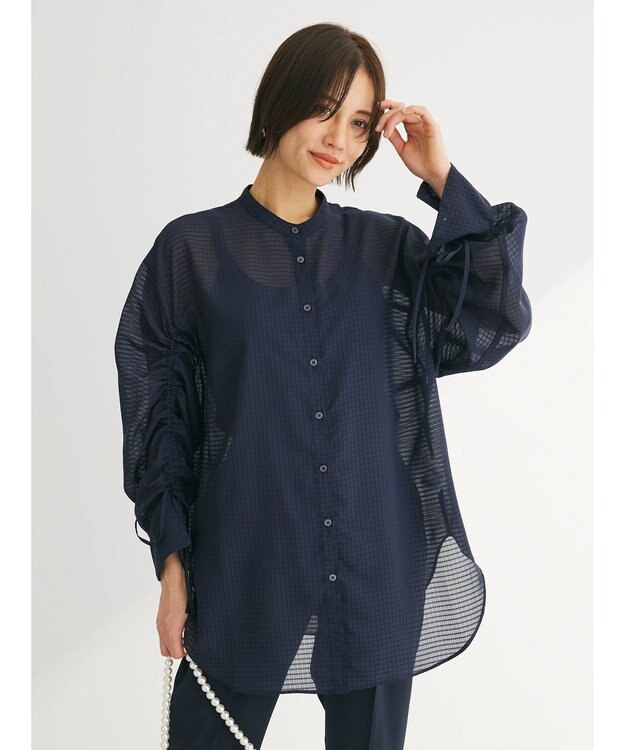 Green Parks シアーチェック袖ドロストシャツチュニック Dark Navy