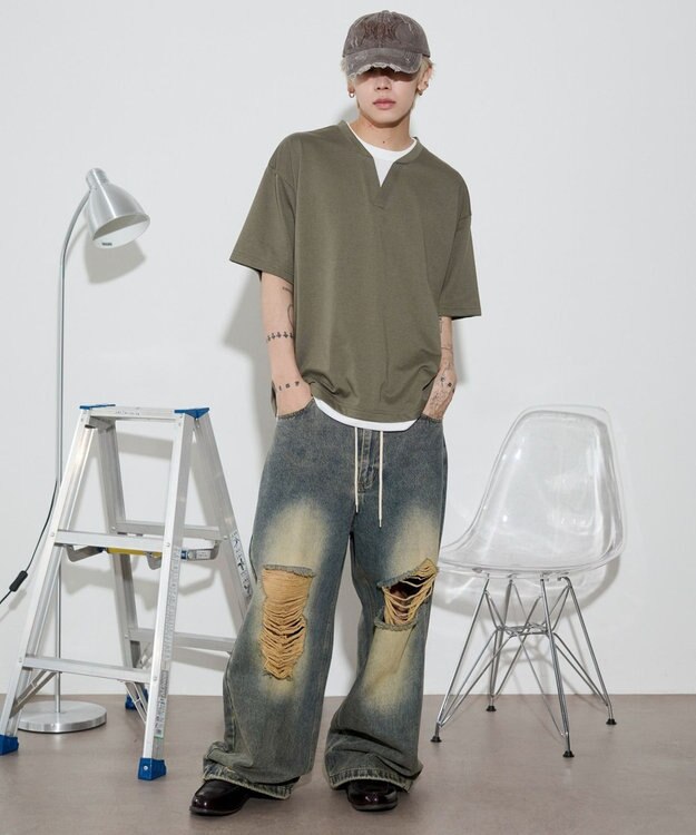 WEGO 【ユニセックス着用ITEM】キーネックフェイクレイヤードT（SS） カーキ