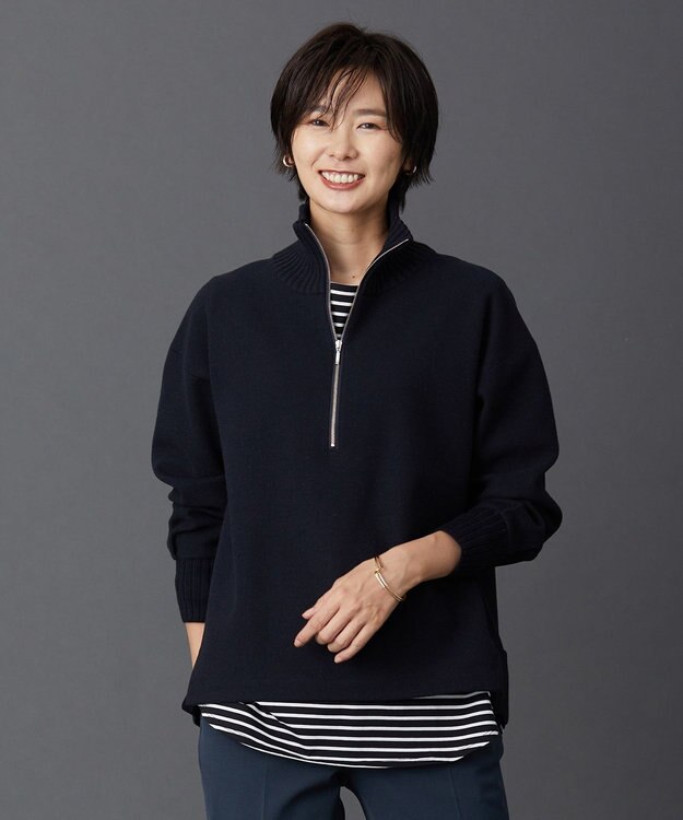 J.PRESS LADIES L ニードルパンチ ハーフジップ カットソー ネイビー系