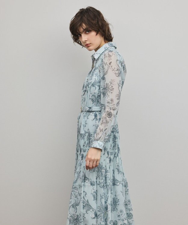 GRACE CONTINENTAL フラワープリントプリーツワンピース ブルー