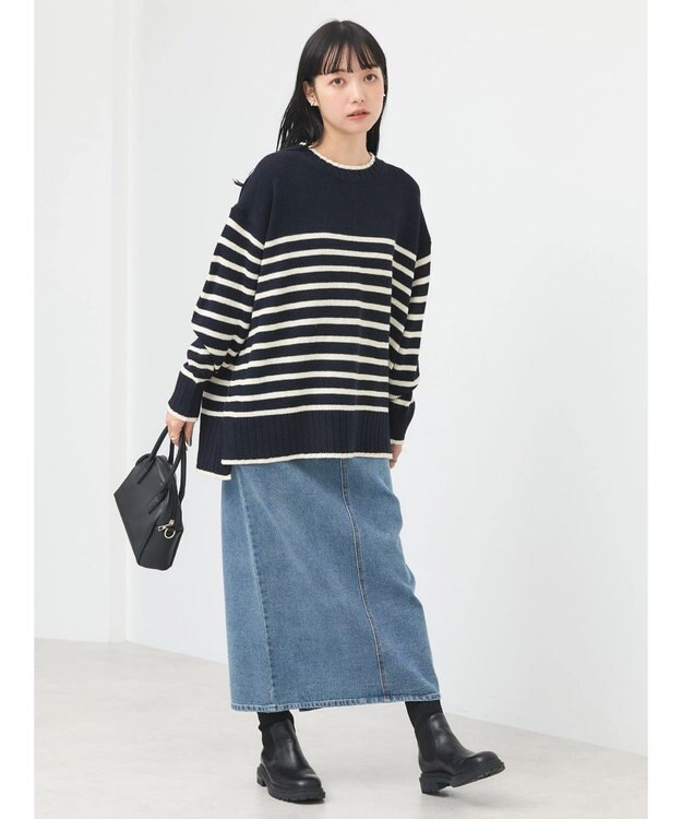 earth music&ecology ウォッシャブル脇スリットクルーネックプルオーバー Border Navy