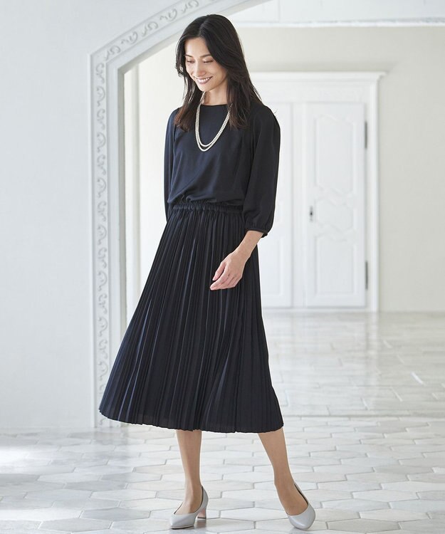 ANY 【ウエストゴム】プリーツワンピース ネイビー