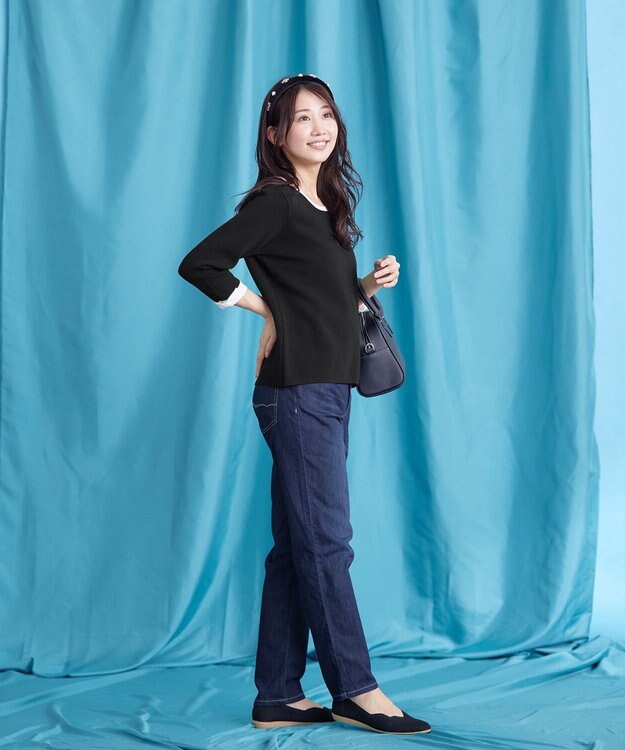 Tiaclasse 【洗える】リボン袖配色ニットトップス ブラック×オフホワイト