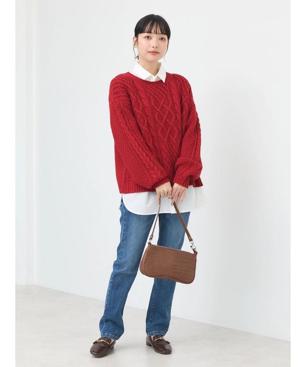 earth music&ecology ウォッシャブルケーブルプルオーバー Red