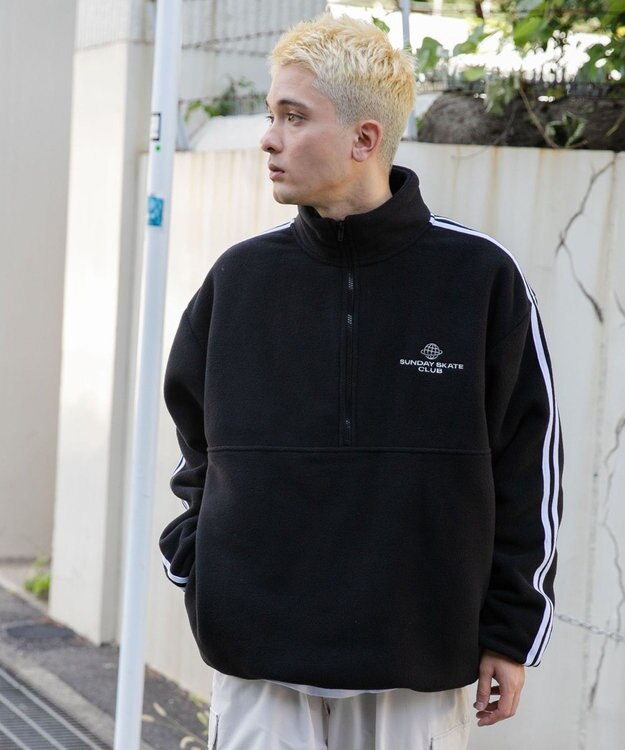 WEGO フリース ワンポイントハーフZIPプルオーバー ブラック