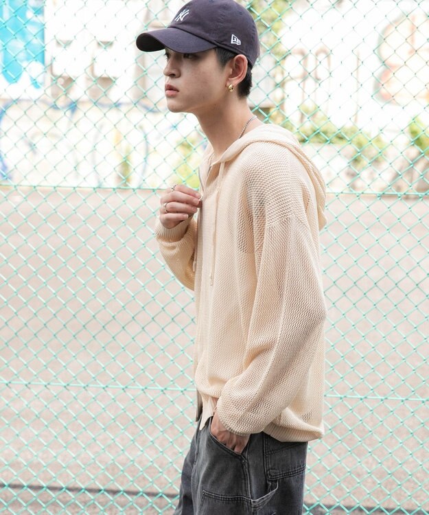 WEGO 【ユニセックス着用ITEM】メッシュニットZIPパーカー ホワイトアイボリー