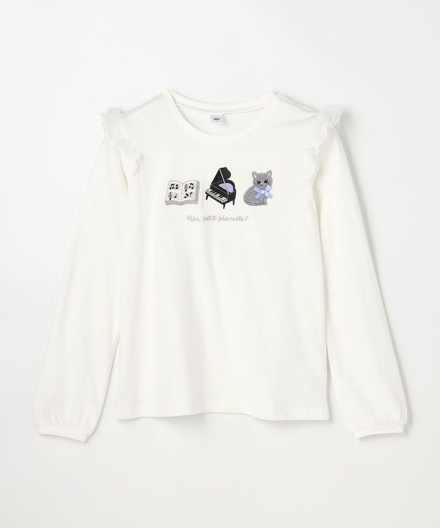 ANY KIDS おけいこモチーフ刺繍入り 長袖Tシャツ オフホワイト（ねこ×ピアノ）