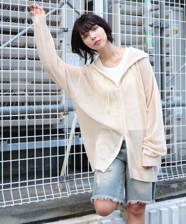 WEGO 【ユニセックス着用ITEM】メッシュニットZIPパーカー ホワイトアイボリー