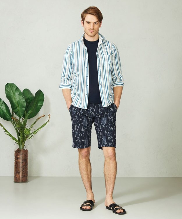 JOSEPH ABBOUD 【1枚で2通りの着こなし】オーガニックコットンリバーシブル 七分袖シャツ アイボリー系1