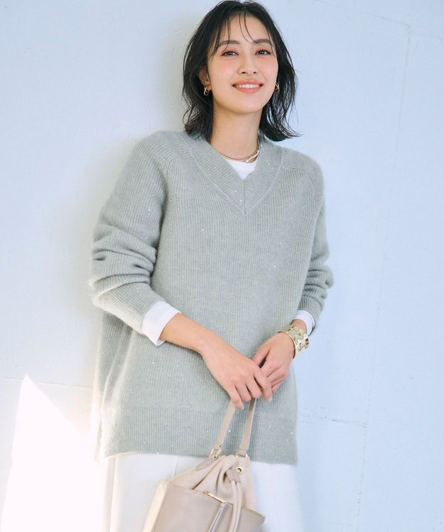 23区 L モヘヤミックススパングル Vネック ニット ライトグリーン系