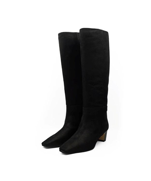 APOM イタリアンカーフ スクエアトゥワイドシャフトロングブーツ45 ブラックヌバック