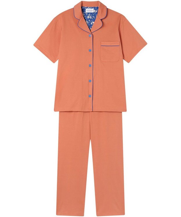 une nana cool 【綿100%】60/2 やわらか天竺 半袖開襟パジャマ MADE WITH LIBERTY FABRIC オレンジ