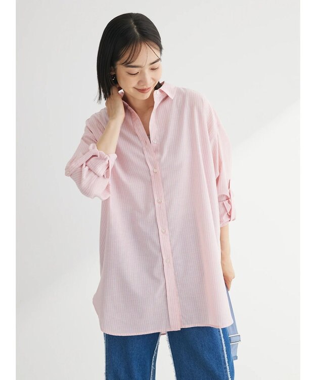 Green Parks 綿麻混タブ付オーバーサイズシャツチュニック Pink