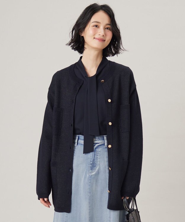 自由区 【洗える】シャイニーツイードニット アウター ネイビー