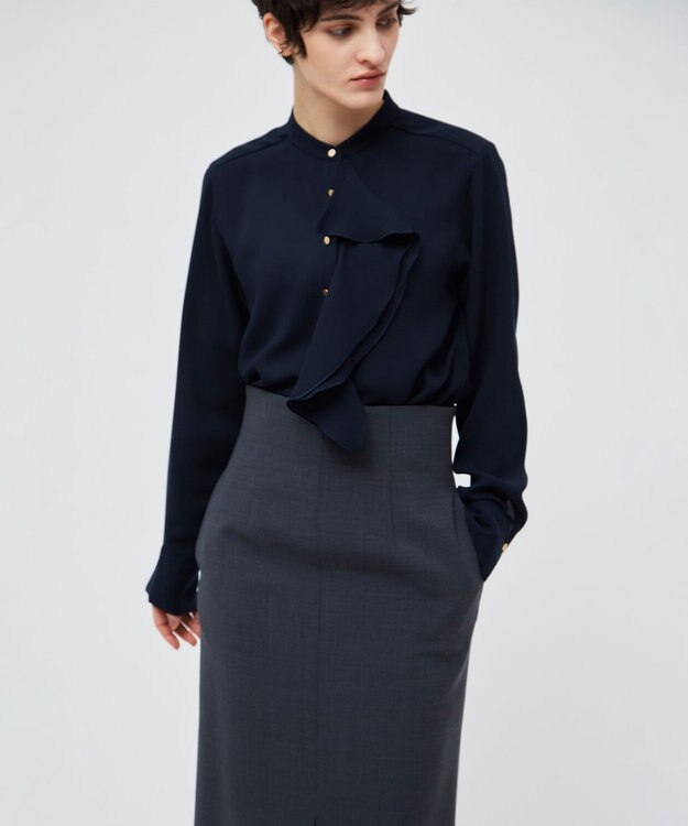 BEIGE， 【洗える】STOW / バンドカラーフリルブラウス Navy