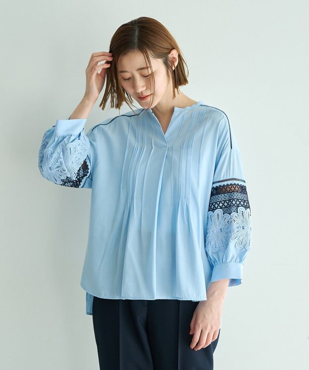 YECCA VECCA レース切替スキッパーブラウス Blue