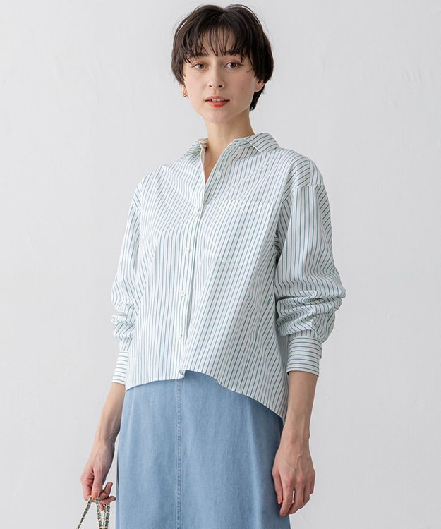 23区 【洗える】CANCLINI クロップド テントライン シャツ ホワイト×グリーンストライプ