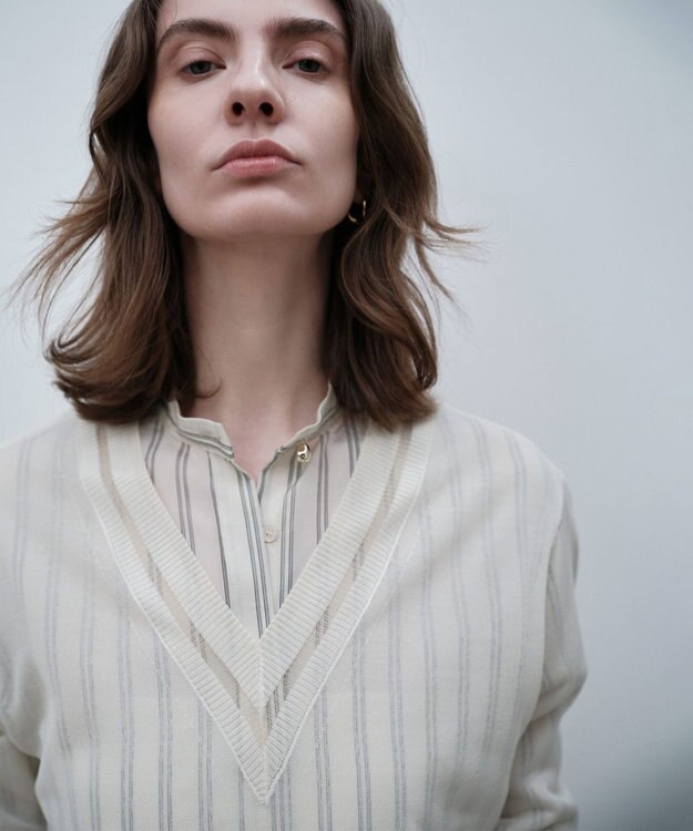 BEIGE， BOWEN / メタル釦ストライプシャツ Ecru Stripes