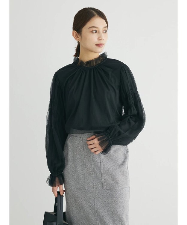 Green Parks ・ＥＬＥＮＣＡＲＥ　ＤＵＥ　チュールハイネックブラウス Black